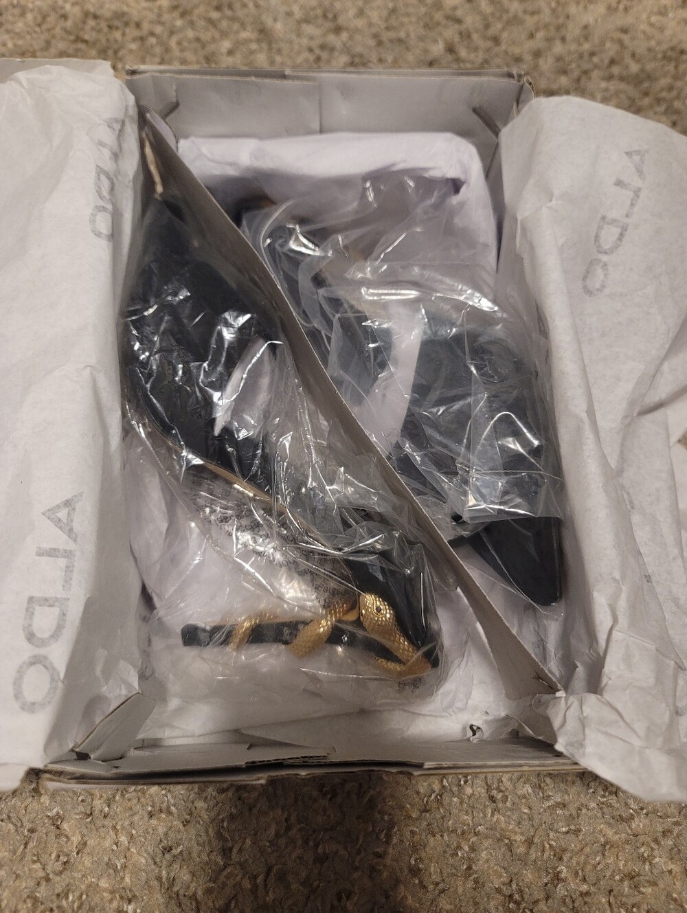 Aldo Seashella Slip On Stiletto Heels Mule Sandals Black Suede Gold Snake 6 - Picture 12 of 13